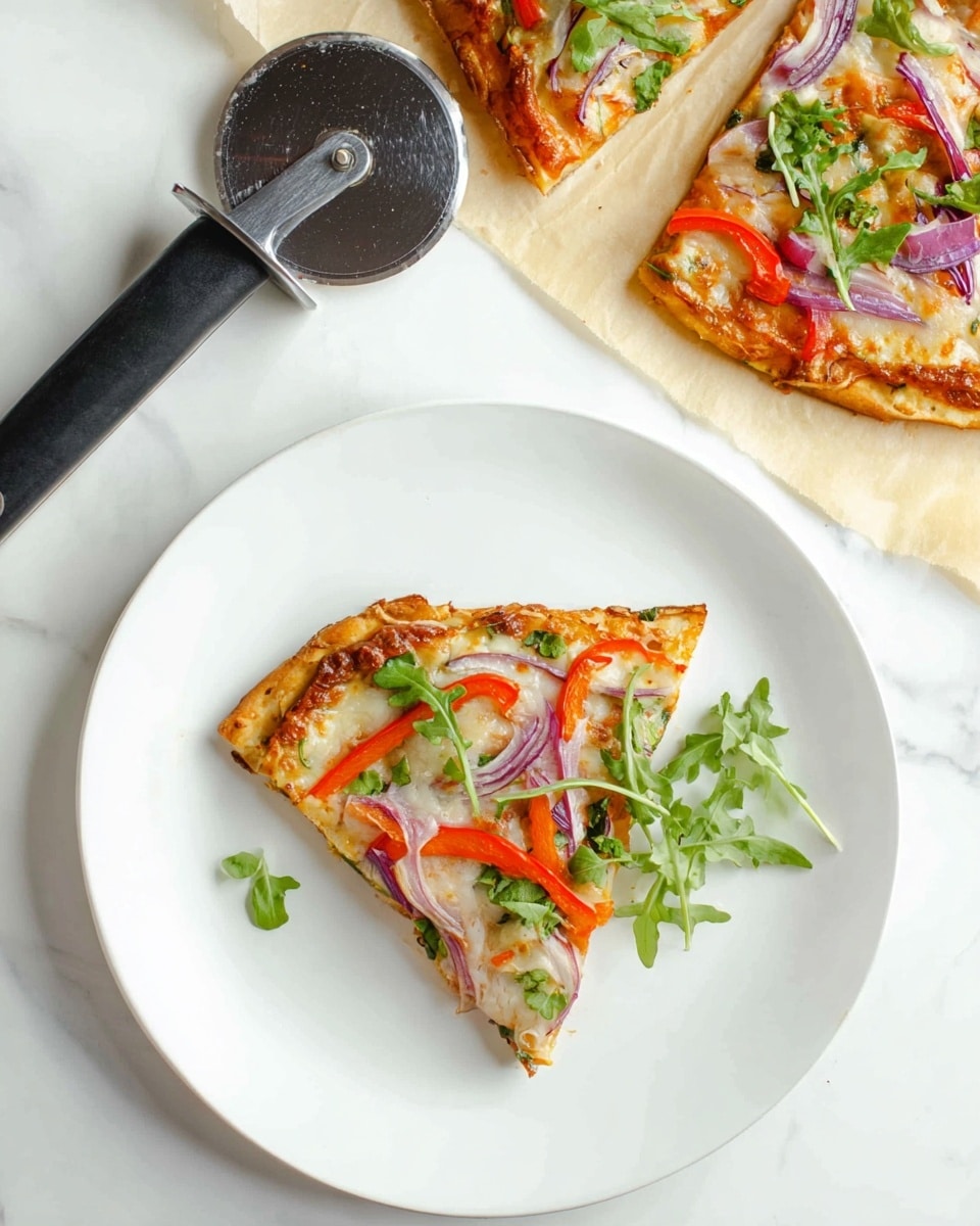A small triangular slice of thin crust pizza sits on a white plate over a white marbled surface. The pizza has a golden brown base that is slightly crispy at the edges, topped with a layer of melted beige cheese. On top, there are thin slices of red bell pepper strips, strips of purple onion, and small green arugula leaves scattered evenly. Next to the plate is a pizza cutter with a black handle resting on the white marbled surface, and a larger portion of the same pizza is partially visible. Photo taken with an iphone --ar 4:5 --v 7