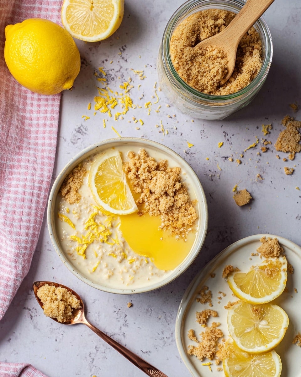The image shows two small glass jars with silver lids filled with creamy white overnight oats speckled with chia seeds and small oat flakes. Each jar has a smooth texture with visible grains floating evenly throughout the yogurt-like mixture. In front of the jars is one lemon cut in half, showing its bright yellow peel and juicy inner segments. All items rest on a light wooden cutting board placed on a white marbled surface, with soft natural light creating a clean and fresh look. photo taken with an iphone --ar 4:5 --v 7