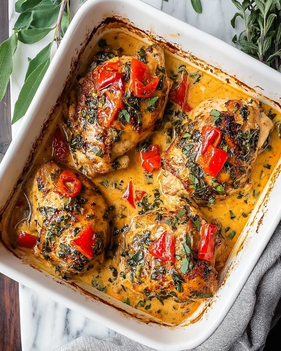 The image shows a white oval dish filled with four pieces of cooked chicken thighs in a creamy orange sauce. The sauce has visible green leafy herbs and red tomato chunks mixed evenly around and on top of the chicken. The chicken pieces have a light golden-brown color with some herbs on them, and the sauce looks smooth with some oil reflecting light. The dish is placed on a white marbled surface. photo taken with an iphone --ar 4:5 --v 7