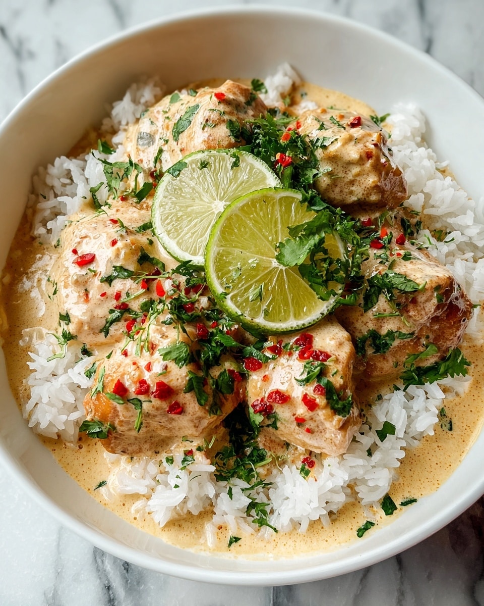 A white bowl holds three clear layers: at the bottom is a light yellow creamy sauce covering small cubed pieces of meat arranged closely; the next layer is bright green chopped herbs sprinkled thickly over the meat and sauce; on one side, there is a neat mound of fluffy white rice with visible grain texture; two lime slices rest on top of the rice and meat, one whole splice on the right edge and two half slices leaned against the bowl's rim on the left. The background shows a white marbled surface. Photo taken with an iphone --ar 4:5 --v 7