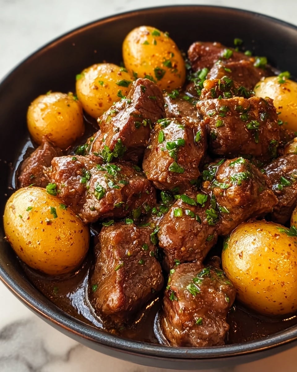 A close-up view of a bowl filled with bite-size chunks of cooked beef and halved small yellow potatoes, both cooked to a golden-brown color with a slightly shiny surface from seasoning or sauce. The beef chunks have a textured, seared look, while the potatoes show soft, tender insides with some green herbs sprinkled on top, adding a fresh touch. The bowl is white with a smooth finish, set against a white marbled background, and the colors of the food contrast nicely with the bowl's simplicity. photo taken with an iphone --ar 4:5 --v 7