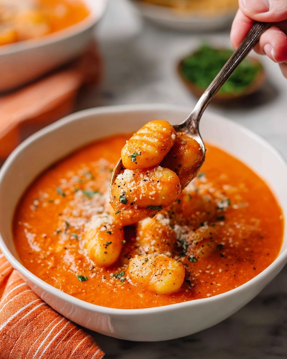 A close-up of a white bowl filled with bright orange tomato sauce. Floating in the sauce are soft, plump gnocchi coated with the sauce, showing a smooth, slightly ridged texture. The sauce looks thick and creamy with small green herb pieces sprinkled on top. A spoon lifts a few gnocchi from the bowl, showing them covered with sauce and dusted with a light topping of grated cheese and black pepper. A woman's hand holds the spoon against a white marbled surface with another white bowl and an orange striped cloth in the blurred background. photo taken with an iphone --ar 4:5 --v 7