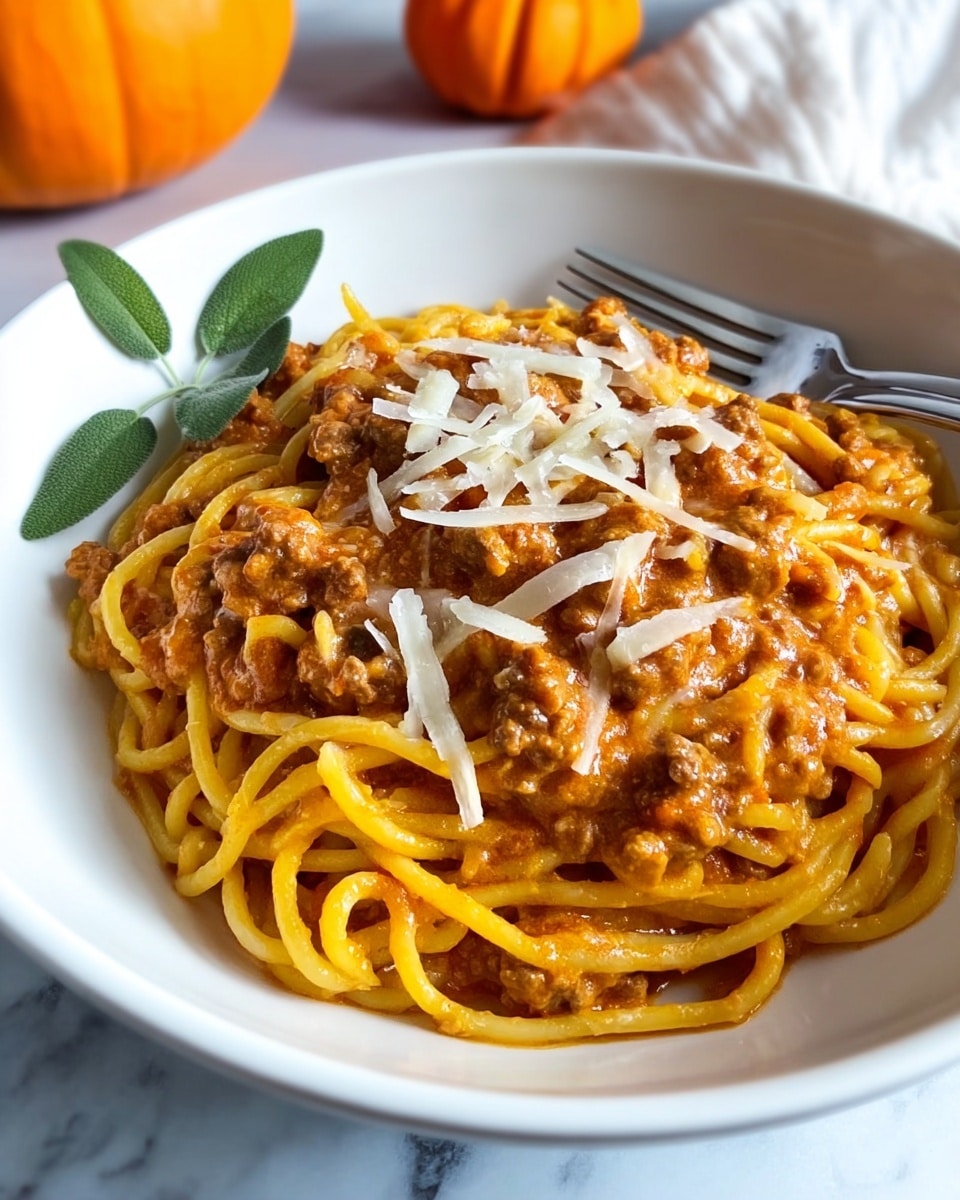 A white bowl filled with a base layer of long, thick yellow pasta noodles arranged in a loose pile. On top, there is a thick layer of orange-brown sauce spread evenly, covering the center. The sauce is topped with a generous sprinkling of white grated cheese, adding texture and contrast. A silver fork is placed on the right side of the bowl, partly submerged in the pasta. The bowl sits on a white marbled surface, with a small white dish of additional grated cheese and a small orange pumpkin nearby. Photo taken with an iphone --ar 4:5 --v 7