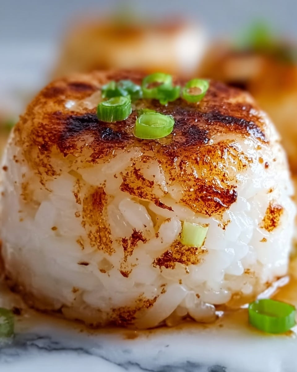 The image shows a close-up of a round food item that looks like a ball made of small white pieces stuck together, with a crispy brown outer layer. On top of the round ball, there is a small green garnish, possibly chopped spring onions. The texture of the ball is rough and uneven, with some white parts showing through the browned surface. The food ball is set against a background of similar round balls, resting on a white marbled surface. Photo taken with an iphone --ar 4:5 --v 7