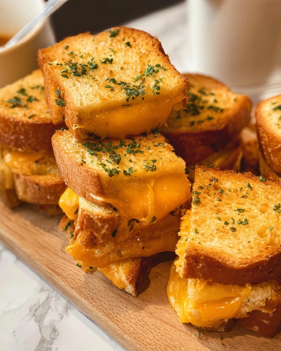 A close-up view of several small toasted bread sandwiches stacked together, each sandwich has two golden brown slices of bread with a slightly crunchy texture and green herb flakes on top, melted bright orange cheddar cheese peeks out from between the bread in each sandwich, showing a soft and gooey texture, the sandwiches are arranged on a wooden board over a white marbled surface, a mug with a spoon inside is visible in the background, photo taken with an iphone --ar 4:5 --v 7
