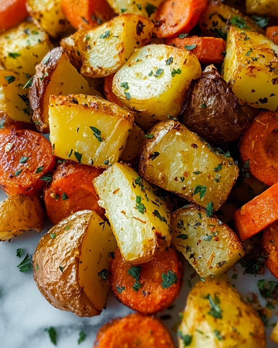 The image shows a close-up of roasted vegetables on a white plate, placed on a white marbled surface. The dish has two main layers: roasted baby potatoes and baby carrots scattered evenly. The baby potatoes are cut into halves and quarters with a golden-brown crispy texture and some charred spots, while the baby carrots are bright orange with a soft roasted shine. Both vegetables are sprinkled throughout with fresh green parsley leaves and black pepper flakes, creating a colorful, textured, and appetizing visual mix. Photo taken with an iphone --ar 4:5 --v 7
