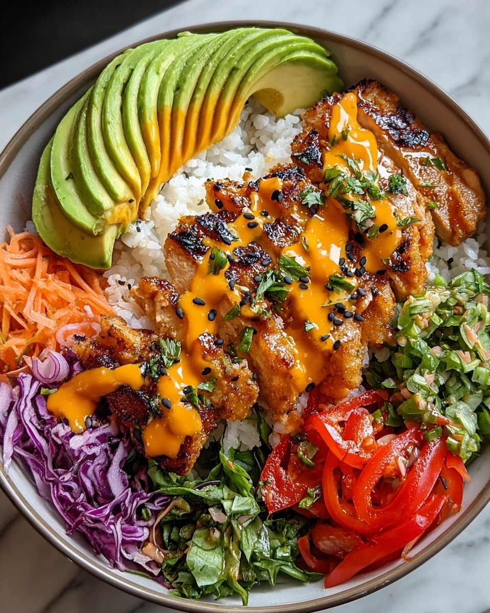 A white bowl filled with a base layer of white rice, topped with an even layer of grilled orange-brown glazed chicken cubes scattered with white and black sesame seeds, garnished with green sliced scallions. To one side, there are two bright green avocado slices sprinkled with sesame seeds, while on another side, a small pile of thin orange shredded carrots rests on the rice. A pair of wooden chopsticks is placed on the edge of the bowl, all set against a white marbled surface. Photo taken with an iphone --ar 4:5 --v 7