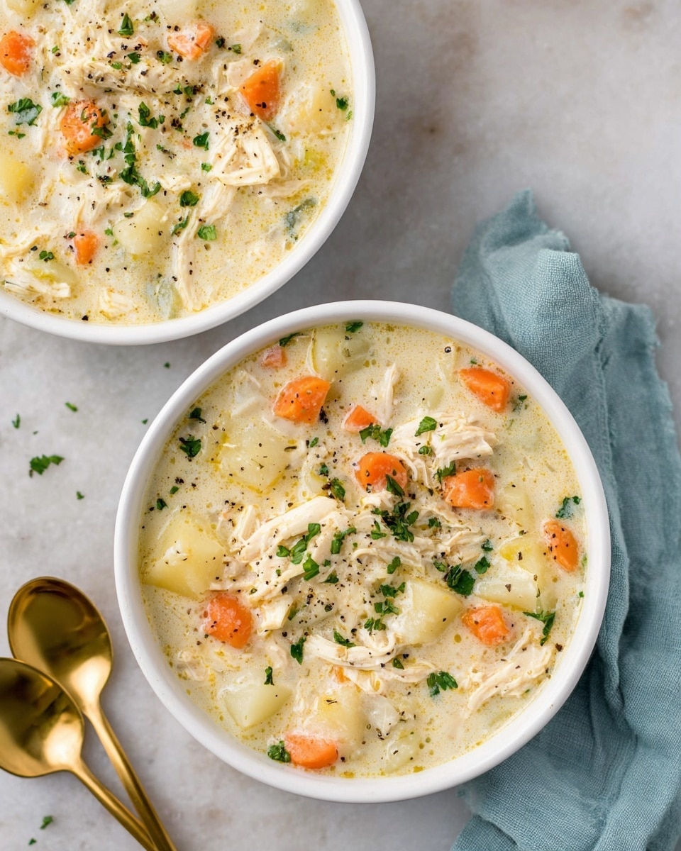 A white bowl filled with chunky chicken soup featuring thick, pale creamy broth with visible specks of black pepper. Within the soup are pieces of shredded light beige chicken, small orange carrot chunks, and small white potato pieces. Fresh green parsley leaves are scattered on top. A golden spoon rests in the bowl, and the bowl is placed on a white marbled surface with a soft white cloth in the background. photo taken with an iphone --ar 4:5 --v 7