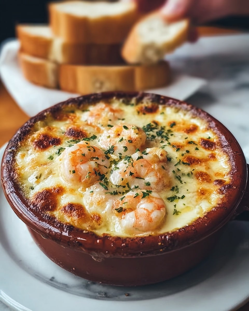 The dish is a baked shrimp casserole served in a round white ceramic bowl. It has three main layers: the bottom layer is a creamy sauce that looks smooth and light yellow. The middle layer has whole shrimp with a pale pink color, partially visible below the cheese. On top is a thick layer of melted golden-brown cheese that has some browned spots and a bubbly texture. Small green herb leaves are sprinkled evenly across the cheese for color contrast. The bowl rests on a white plate placed on a white marbled surface, and in the background, pieces of light toasted bread are slightly blurred. Photo taken with an iphone --ar 4:5 --v 7