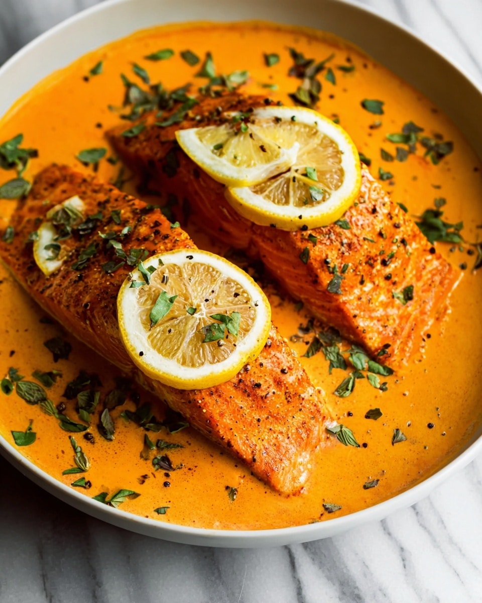 The dish shows two pieces of cooked salmon with a golden orange color, placed in a shallow bowl filled with a creamy, orange sauce. Each salmon piece is topped with a thin half slice of lemon and sprinkled with small black pepper specks. Around the salmon and sauce are fresh green herb leaves scattered, with a small green herb sprig resting on top. The bowl is white, sitting on a white marbled surface. photo taken with an iphone --ar 4:5 --v 7