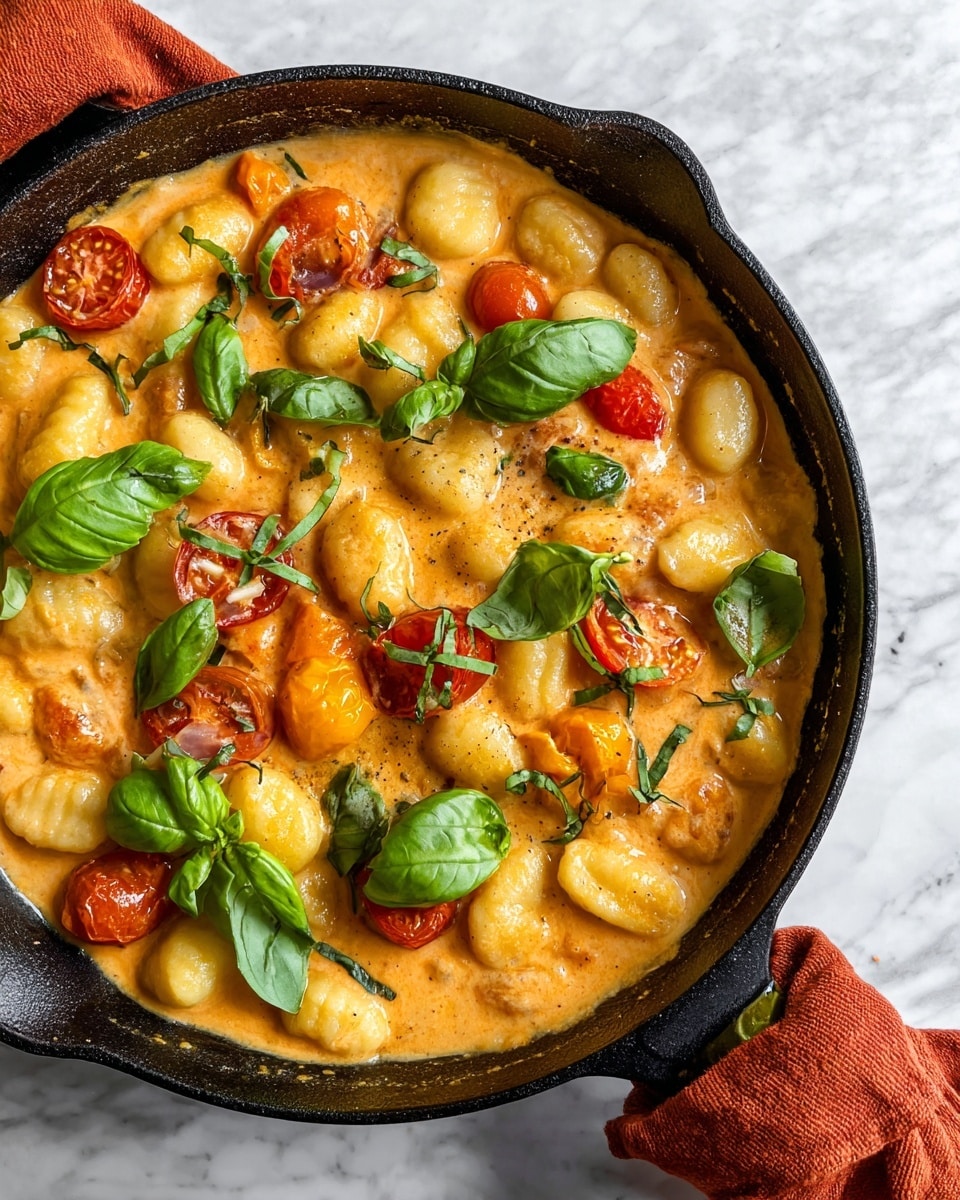 A black cast iron pan filled with roasted mixed tomatoes and garlic cloves. The tomatoes are of different sizes and colors, including red, bright yellow, and orange, with a wrinkled, cooked texture. The garlic cloves are whole and lightly browned, scattered evenly among the tomatoes. Thin, slightly crispy onion slices are mixed in, adding texture and a light brown color. The pan sits on a white marbled surface with a burnt orange cloth wrapped around the handle. The image is bright and clear, showing the rich, warm colors of the cooked vegetables. photo taken with an iphone --ar 4:5 --v 7