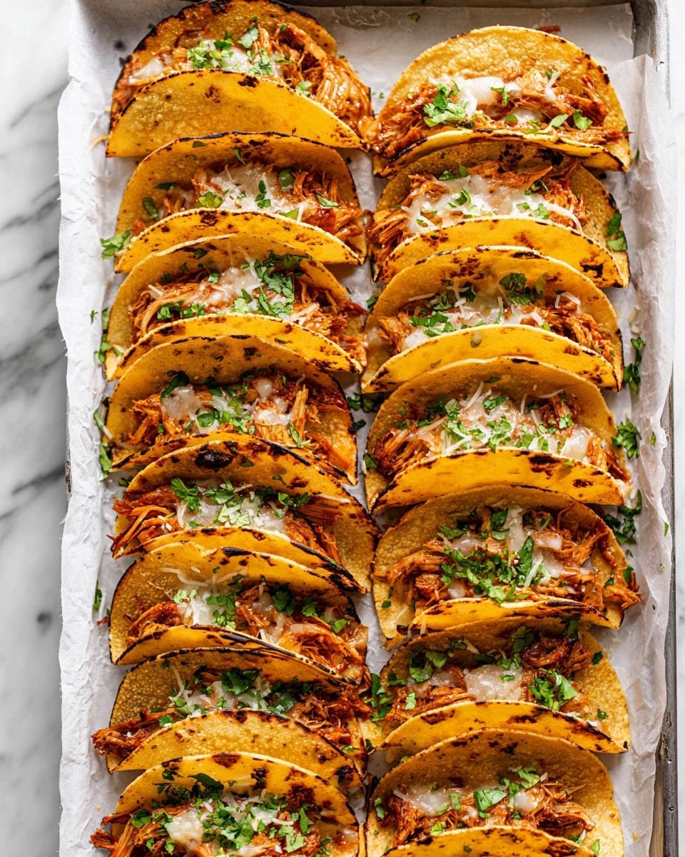 The image shows two neat rows of small tacos on a white marbled surface. Each taco has one golden brown, slightly crispy tortilla folded over a thick, bright orange filling with some darker charred edges, giving a textured look. The filling appears soft and juicy with a glossy sauce. Fresh green chopped herbs are sprinkled generously over the tacos and around them on the surface, adding a splash of vibrant color. The tacos are arranged closely, showing their curved shape and the contrast between the warm orange filling and light tortilla. Photo taken with an iphone --ar 4:5 --v 7