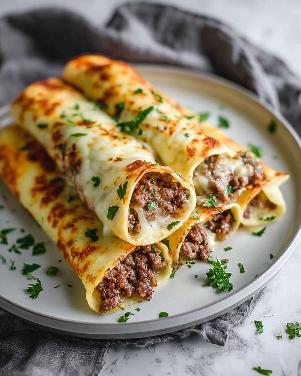 Three rolled crepes stuffed with a layer of cooked ground beef mixed with herbs, topped with melted white cheese that is slightly browned and bubbly, sprinkled with small green parsley leaves on top and around, all placed on a white plate set on a white marbled surface, with a soft gray cloth in the background, photo taken with an iphone --ar 4:5 --v 7