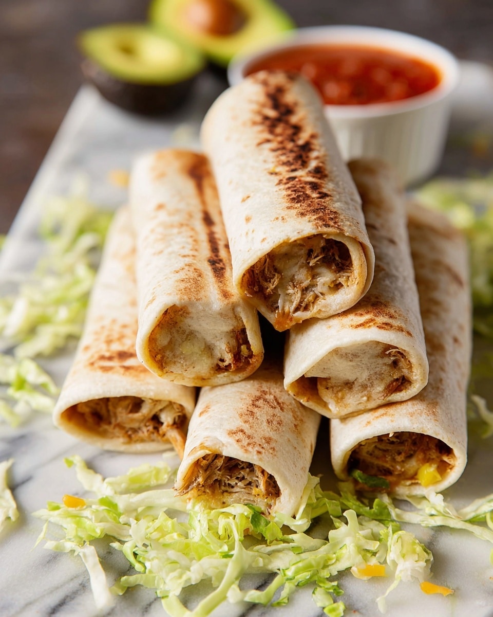 There are six rolled tacos laid side by side on crinkled white parchment paper over shredded bright green lettuce, all placed on a worn metal tray. Each taco is lightly browned with a golden-brown toasted look and a soft, lightly textured tortilla wrap. Below the tray is a halved avocado with smooth green flesh and a large brown seed in one half. In the top left corner, there is a small white bowl filled with chunky red salsa, placed next to the tacos. The whole setting rests on a white marbled surface. Photo taken with an iphone --ar 4:5 --v 7