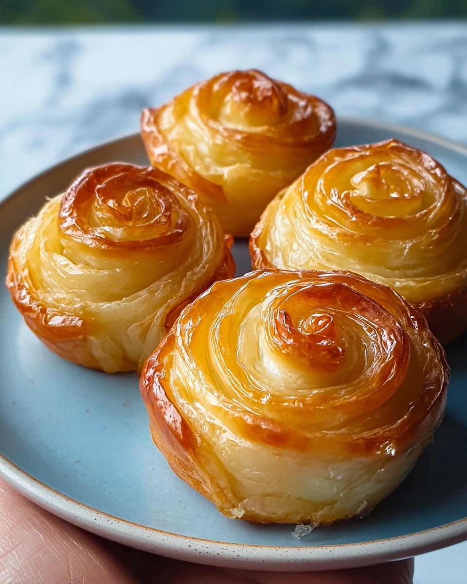 Four shiny golden pastries shaped like roses, each with multiple layers of light brown and creamy yellow dough spiraled tightly from the center to the edges, sitting closely together on a white plate with a smooth blue interior. The pastries have a glossy finish that reflects light, showing the crisp edges and soft inner layers. The plate is held by a woman's hand, visible at the bottom left, against a blurred white marbled background. photo taken with an iphone --ar 4:5 --v 7