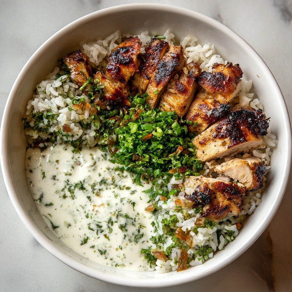 The dish shows a white bowl filled with four main layers. At the bottom is a layer of white rice with some green herbs sprinkled on top. On one side of the bowl is a white sauce that looks creamy and has small green herb bits in it. On top of the rice and sauce, there is a layer of grilled chicken pieces with a golden brown and slightly charred look, garnished with chopped green herbs. Around the chicken, there are fresh vegetable slices: green cucumber rounds on one side, bright red tomato halves, and thin purple onion slices. The bowl rests on a white marbled surface. Photo taken with an iphone --ar 4:5 --v 7
