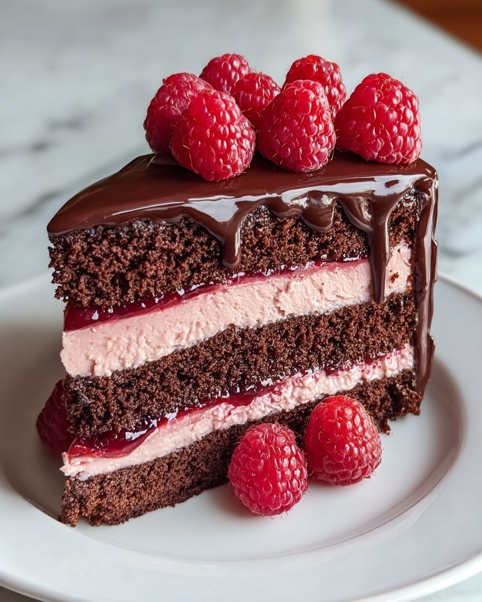 The image shows a slice of chocolate cake with three clear layers. The bottom and top layers are dark, moist chocolate cake, while the middle layer is a smooth, light pink cream. Between the middle cream layer and the bottom cake layer, there is a thin line of dark red jam. The top of the slice is covered in shiny, rich chocolate glaze that drips slightly down the sides. Fresh, plump red raspberries are neatly placed on top of the cake. The cake slice sits on a white plate on a white marbled surface. photo taken with an iphone --ar 4:5 --v 7
