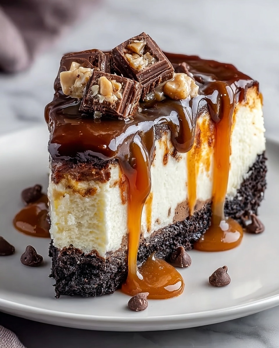 A slice of cheesecake with three main layers is shown on a white plate. The bottom layer is a dark, crumbly chocolate crust. Above it is a thick, creamy white cheesecake layer. The top layer is a glossy chocolate ganache covered by caramel sauce dripping down the sides in thick shiny streams. On top, there are small chocolate chips and chunks of chocolate with a nutty filling scattered around. The plate sits on a white marbled surface. Photo taken with an iphone --ar 4:5 --v 7
