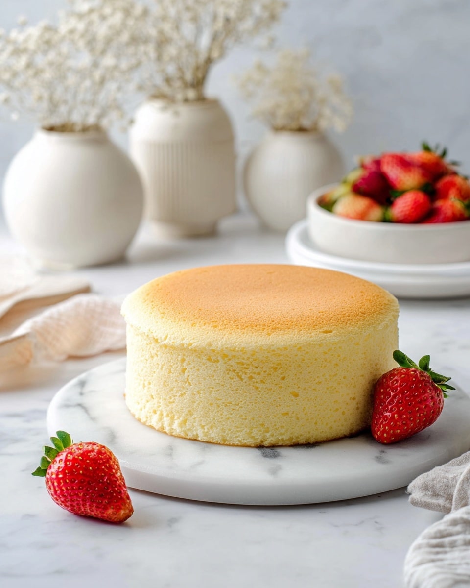 A single square piece of soft yellow sponge cake sits on a white speckled plate. The cake has one thick layer with a light brown top dusted gently with white powdered sugar. On top, there is a bright red strawberry half with green leaves. A golden fork rests on the plate holding a small bite-sized piece of the cake. The whole scene is set on a white marbled surface with another blurred strawberry visible in the background. Photo taken with an iphone --ar 4:5 --v 7