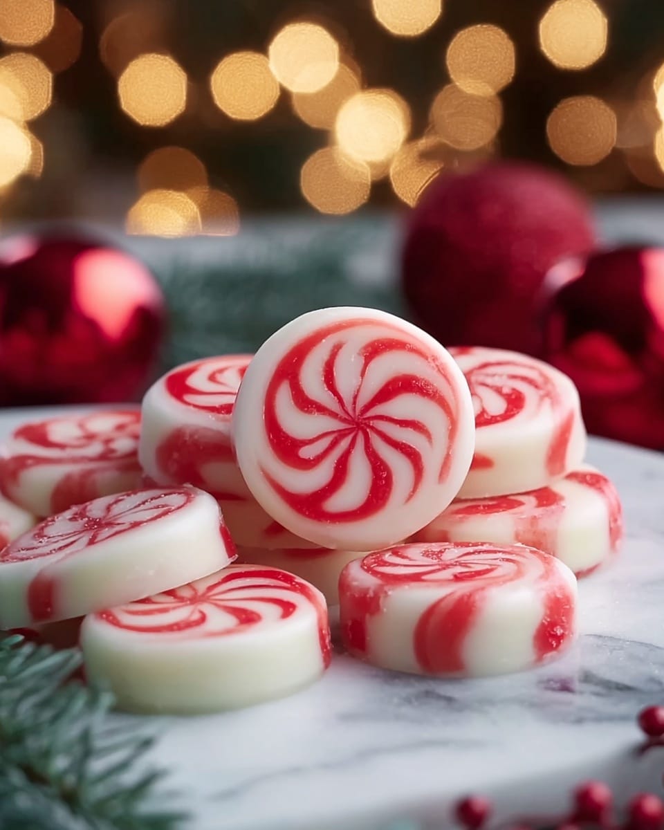 The image shows a close-up of smooth, round candies stacked on a white plate, each candy having a white base with bright red swirls twisting around in a spiral pattern. The candies are soft and shiny, with the red swirls evenly spread on each piece, creating a visually striking contrast against the white. The plate is placed on a white marbled surface, with some green pine branches around the edges and blurred warm lights in the background, giving a cozy festive feel. Photo taken with an iphone --ar 4:5 --v 7