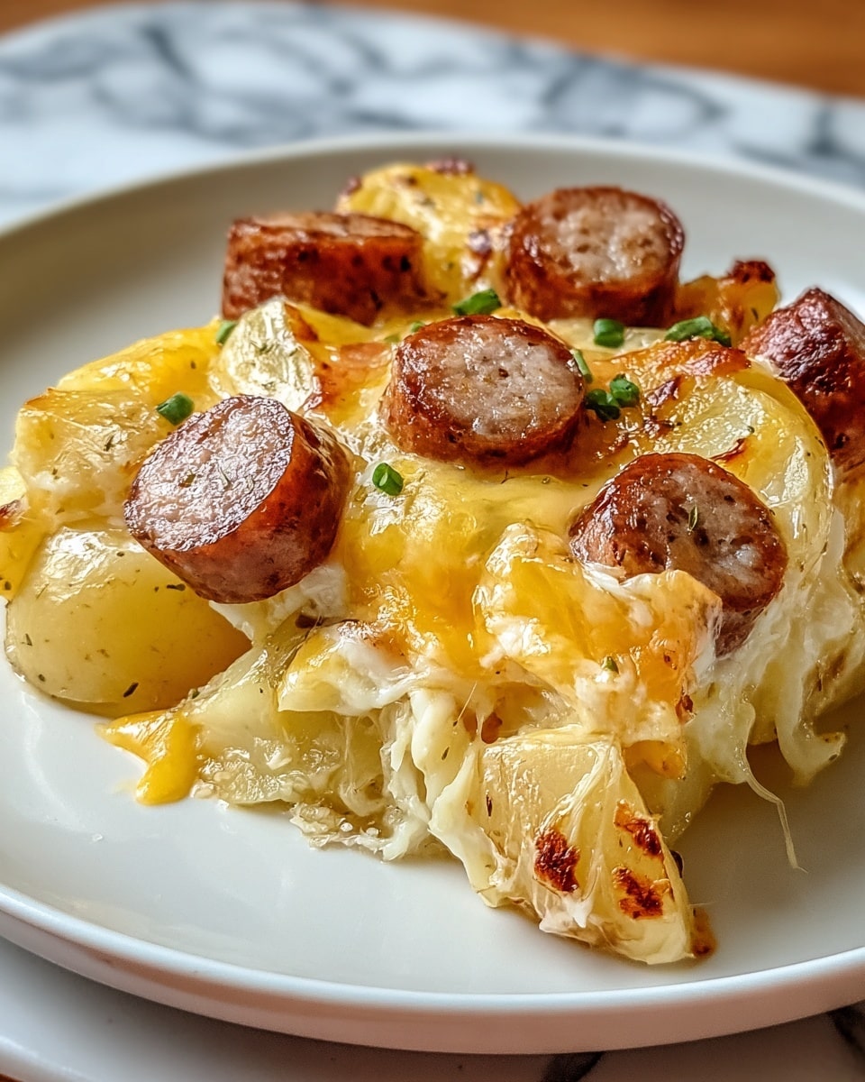 A white plate with a blue rim filled with three layers: the bottom layer is golden roasted potato wedges with skin on, the middle layer is melted, shiny cheese in creamy yellow and white colors covering the potatoes, and the top layer has small slices of browned sausage scattered evenly, sprinkled with small green herb bits. The cheese looks thick and slightly stretchy over the potatoes, and the sausage pieces have a crisp, browned outside. The plate is on a white marbled surface. Photo taken with an iphone --ar 4:5 --v 7