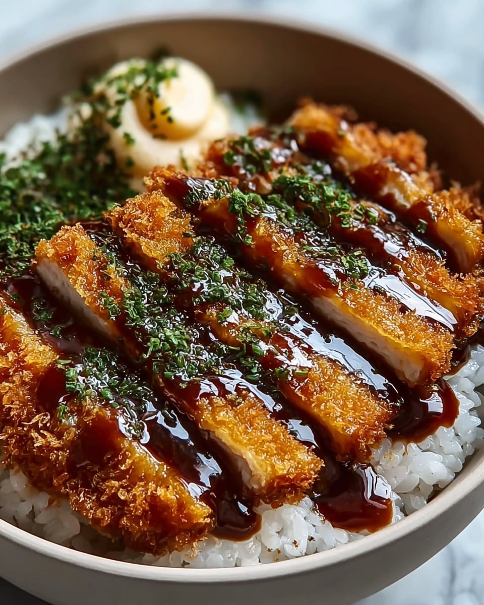 A bowl with a white marbled texture surface holds a dish starting with a bottom layer of white rice, soft and slightly sticky in texture. On top of the rice, there are five thick slices of golden brown crispy fried cutlet, arranged in a slightly overlapping line. The cutlet is covered with a shiny dark brown sauce drizzled evenly across each piece, and sprinkled with finely chopped green herbs adding a fresh touch. On the upper left side of the bowl, there is a small serving of a light-colored creamy side, slightly blurred in the background. The whole scene is close-up with soft focus on the cutlet, making the textures and colors vibrant and appetizing. Photo taken with an iphone --ar 4:5 --v 7
