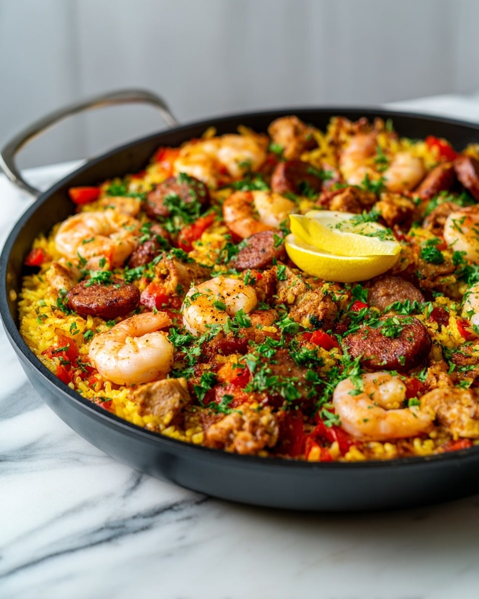 A close-up of a black pan filled with yellow rice as the base layer, mixed with small pieces of red bell pepper spread throughout, topped with a mix of cooked shrimp, sliced chorizo sausage, and browned chicken pieces. The dish is garnished with chopped fresh green herbs scattered on top and a lemon wedge placed in the center. The pan is set on a white marbled surface, with a soft, blurred background. photo taken with an iphone --ar 4:5 --v 7