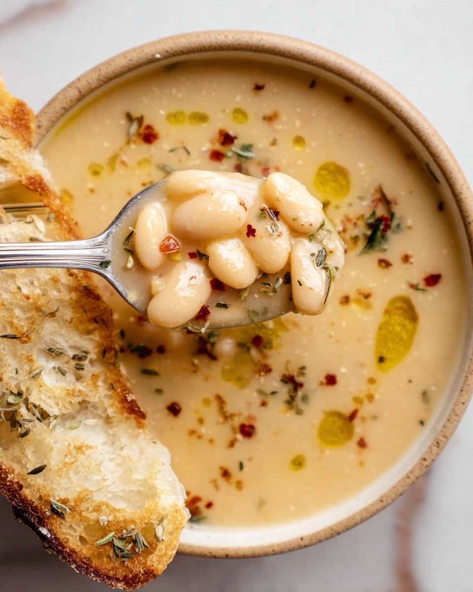 A close-up of a creamy soup in a round tan bowl, filled with soft white beans swimming in a smooth light beige broth. On top, there are small drops of green oil and scattered red chili flakes, along with dried herbs in green and brown. A silver spoon holds a portion of thick soup with beans, lifted above the bowl. A piece of crusty golden brown bread with visible herbs rests on the edge of the bowl. All this is placed on a white marbled surface. photo taken with an iphone --ar 4:5 --v 7