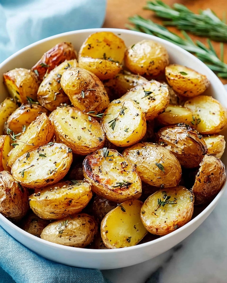 A white bowl filled with many roasted small potatoes, each potato cut in half showing a golden brown crispy edge with light yellow soft inside. The potatoes are sprinkled with small green herb leaves, likely thyme, and bits of black pepper. The bowl sits on a light blue cloth over a white marbled surface, with some blurred green rosemary visible on the top right. The colors are warm and inviting, showing a mix of yellow, brown, and green. photo taken with an iphone --ar 4:5 --v 7