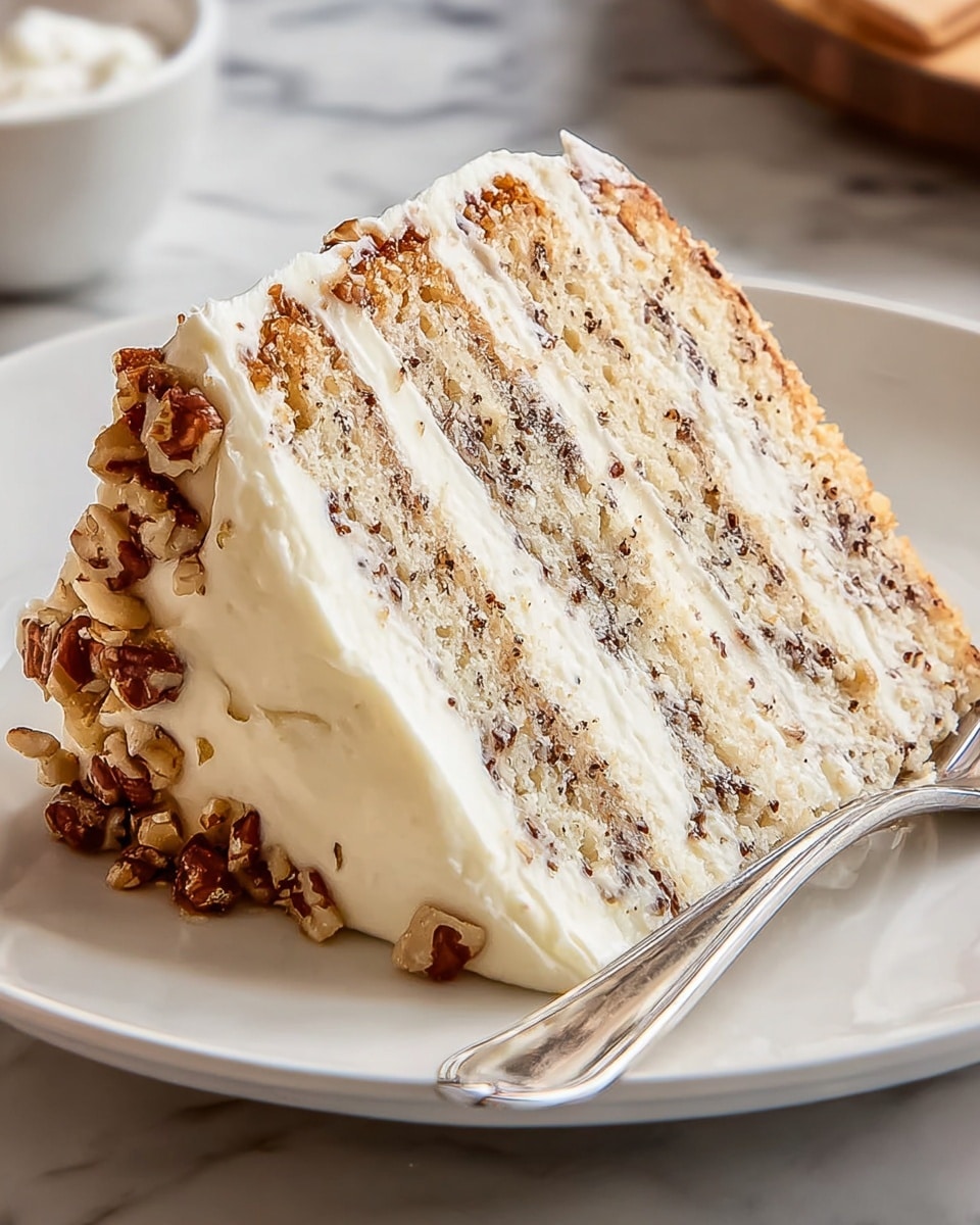 A close-up image of a two-layer cake slice on a white plate, showing light beige cake layers with a slightly crumbly texture. Between the cake layers is a smooth white cream filling with a thin line of pinkish fruit or jam. The outside of the cake is covered with a thick, creamy white frosting. The top edge of the cake slice is decorated with chopped nuts that add a rough texture and brown color contrast. The plate rests on a white marbled surface in a softly lit setting. Photo taken with an iphone --ar 4:5 --v 7