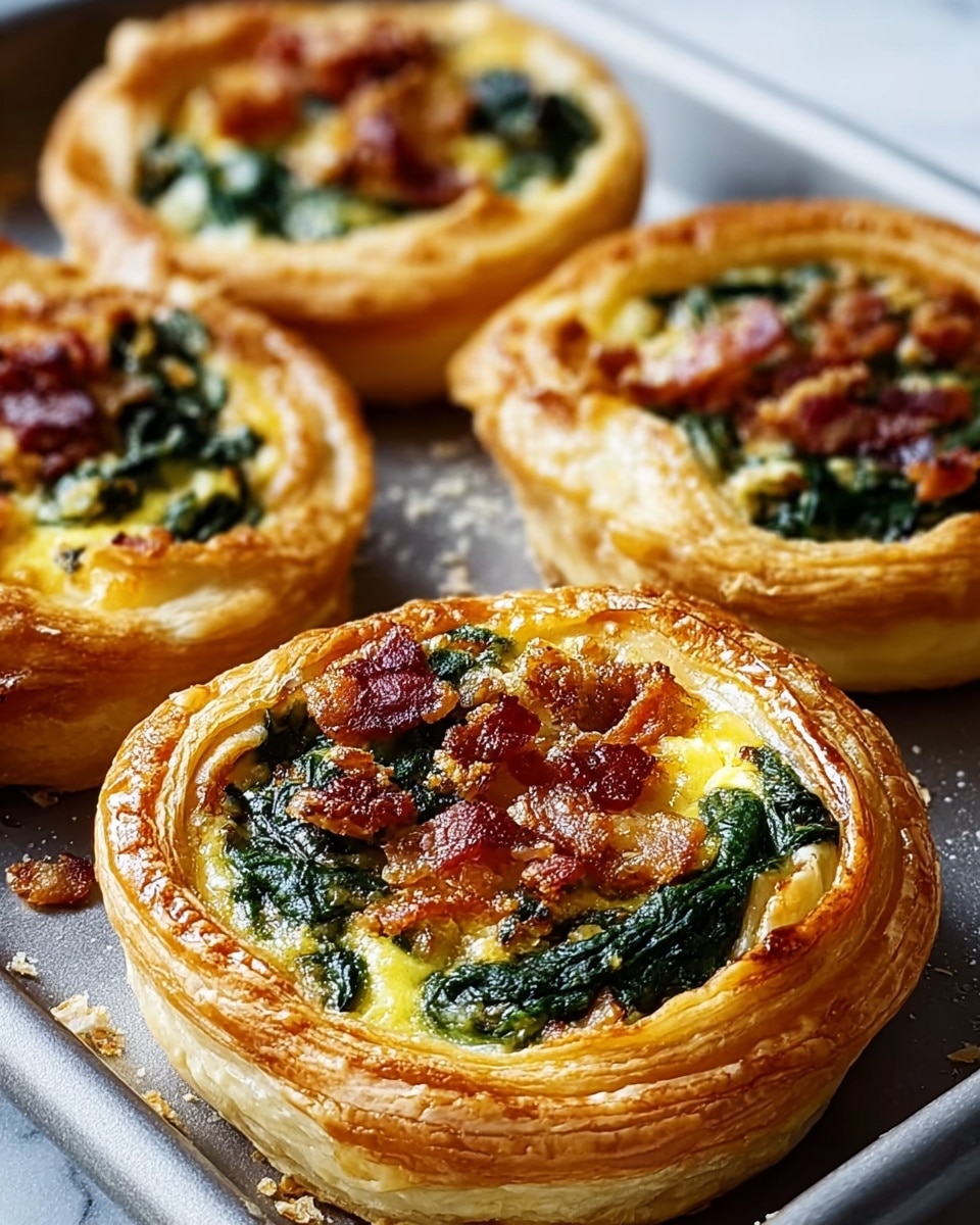 Four round pastries with thick, golden brown, flaky crusts form the outer layer. Inside each crust is a dark green layer of cooked spinach, topped by a bright yellow, soft scrambled egg layer. Small pieces of crispy browned bacon sit on top of the eggs, adding a reddish-brown color contrast. The pastries are on a white baking tray with some crumbs scattered around, all set on a white marbled surface. photo taken with an iphone --ar 4:5 --v 7