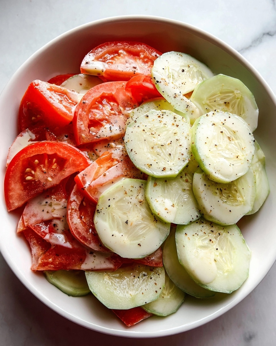 The dish shows a white bowl filled with two layers of vegetables: the bottom layer consists of unevenly cut pieces of red tomato with their soft texture visible, while the top layer features thin, flat pale green cucumber slices with visible seeds and a moist surface. The vegetables are lightly sprinkled with coarse black pepper, and there is a slight shine indicating a light dressing or moisture over the salad. The bowl is placed on a white marbled surface. Photo taken with an iphone --ar 4:5 --v 7