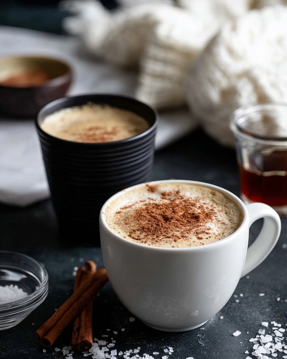 Two cups of frothy creamy beige coffee sit side by side on a dark surface with white sprinkled flakes nearby. The cup on the left is white, and the cup on the right is black. Each cup is topped with a dusting of brown spice powder. In the top left corner, an open newspaper with text is partially visible, and the top right corner shows a chunky white knitted fabric resting on a dark cloth. A cinnamon stick lies on the left side near the white cup, all set against a white marbled texture surface. photo taken with an iphone --ar 4:5 --v 7