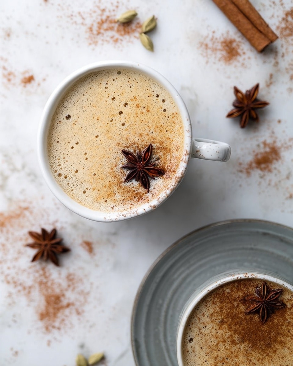 The image shows two cups of chai tea with frothy creamy tops. Each cup has a dusting of brown spice powder spread unevenly on the surface and a single star anise floating on top. The cup in the center is plain white with a handle on the left side, filled with light tan chai tea with tiny bubbles. Below and slightly to the right, there is a white cup placed on a gray saucer showing similar chai with spice powder and star anise. The background is a white marbled surface scattered with small piles of brown spice and star anise seed pods. Photo taken with an iphone --ar 4:5 --v 7