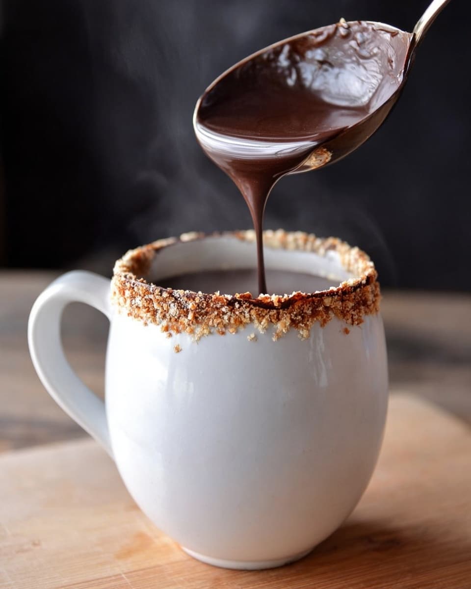 A white cup filled with dark hot chocolate, topped with a smooth surface and small bubbles. The rim of the cup is covered with a layer of crushed nuts and small white flakes that look like coconut, adding texture around the edge. The cup has a simple handle on the side and is placed on a wooden surface. In the background, there is a large black pan slightly out of focus. The overall setting is warm and cozy, with soft natural light coming from a window. Photo taken with an iphone --ar 4:5 --v 7