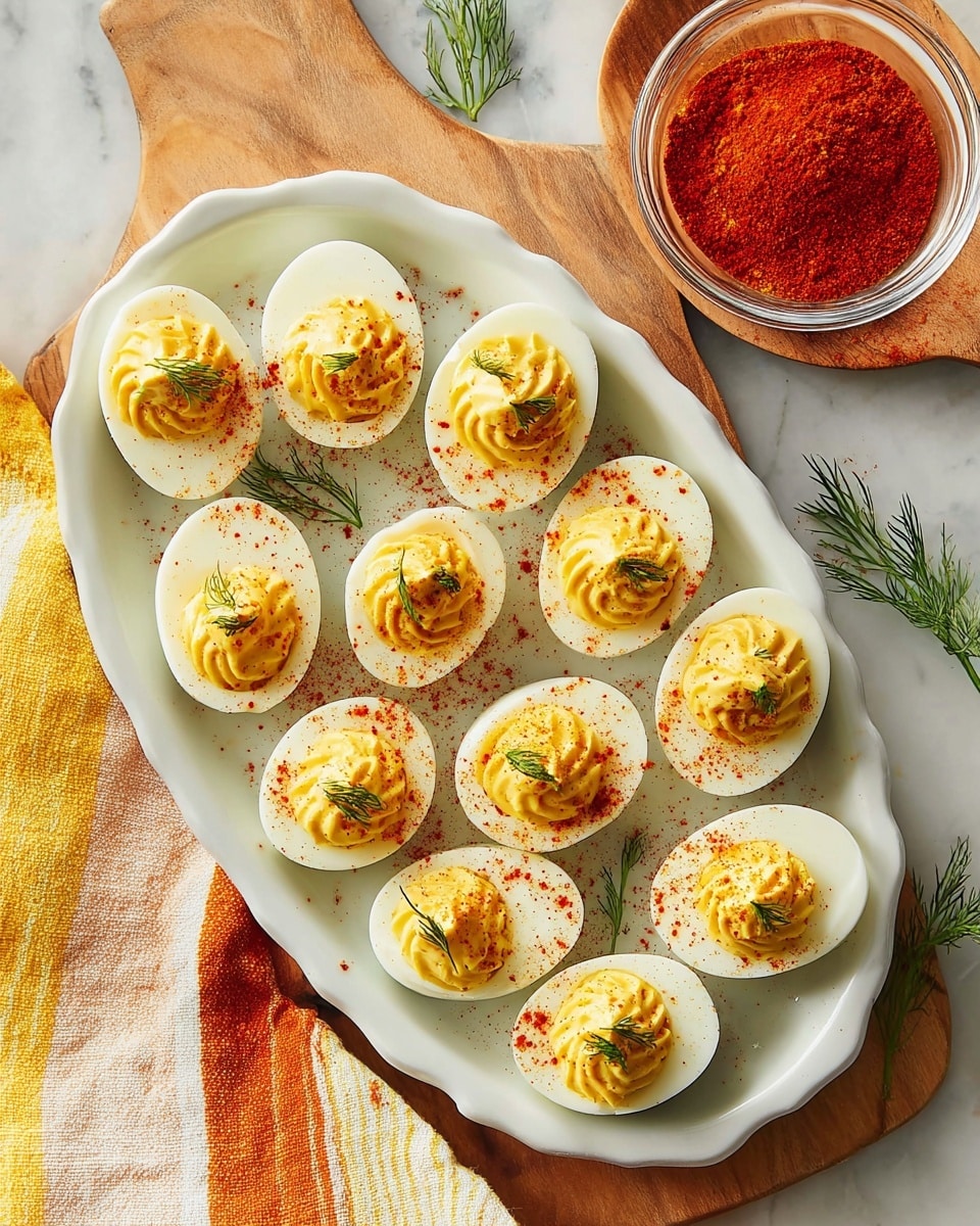 The image shows many halves of white boiled eggs arranged on a white marbled surface. Each egg half has three layers: the white egg base forming the first layer, a dense, smooth yellow yolk filling in the middle, and a small dollop of lighter yellow yolk cream on top. The eggs are sprinkled with bright red paprika powder and garnished with fresh green chives and dill sprigs scattered on and around them. In the lower left corner, there is a glass bowl filled with a red spice. The scene is bright and clean, with a soft shadow under the eggs. Photo taken with an iphone --ar 4:5 --v 7