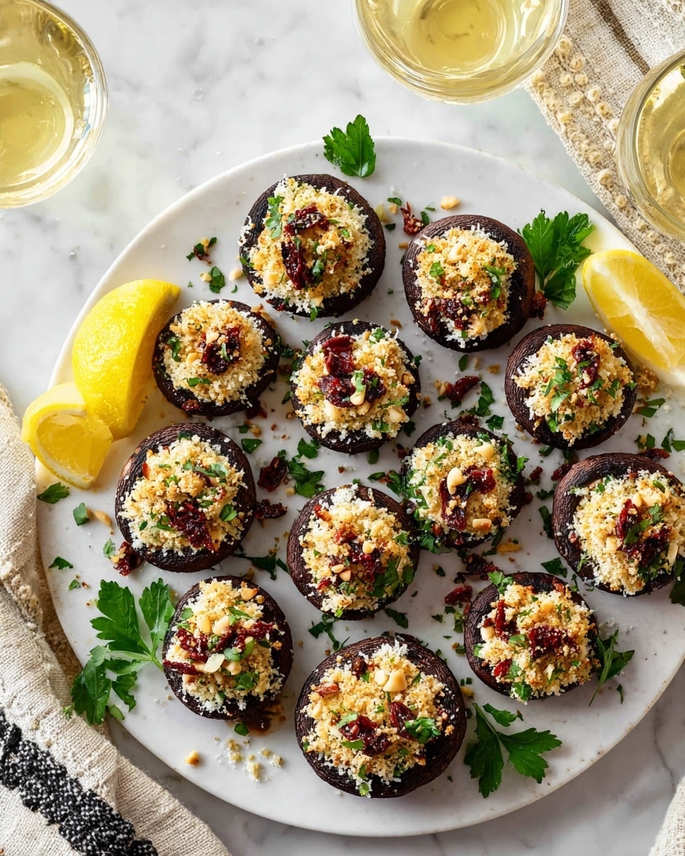 The image shows a metal baking tray with two neat rows of brown mushrooms standing upright. Each mushroom cap is filled with a fluffy white and light green mixture, likely made from grated cheese, herbs, and bits of sun-dried tomatoes, with some scattered small yellow pieces that look like pine nuts. The mixture is piled high, almost spilling over the mushroom edges. Small green herb pieces and grated white cheese are sprinkled around the mushrooms and on the tray. On the right edge, a folded blue-grey cloth lies on a white marbled surface in the foreground, with a blurred blue background behind. photo taken with an iphone --ar 4:5 --v 7