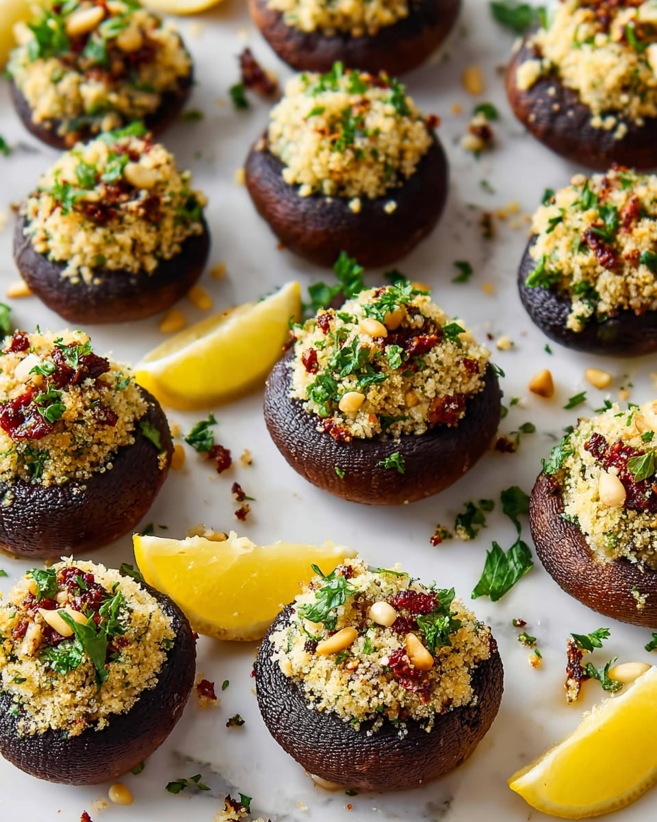 The image shows a white marbled surface covered with multiple dark brown stuffed mushrooms arranged in a scattered pattern. Each mushroom has two layers: the base is a smooth, dark round cap, and on top is a light yellow crumbly layer mixed with small green parsley pieces, white pine nuts, and small red bits resembling sun-dried tomatoes. The mushroom tops look slightly crispy, with a textured finish from the crumbs. Around the mushrooms, there are scattered crumbs and small parsley pieces, adding detail. Two lemon wedges with bright yellow flesh are placed at the bottom corners for a pop of color. The overall look is fresh and inviting, with natural, earthy colors. photo taken with an iphone --ar 4:5 --v 7