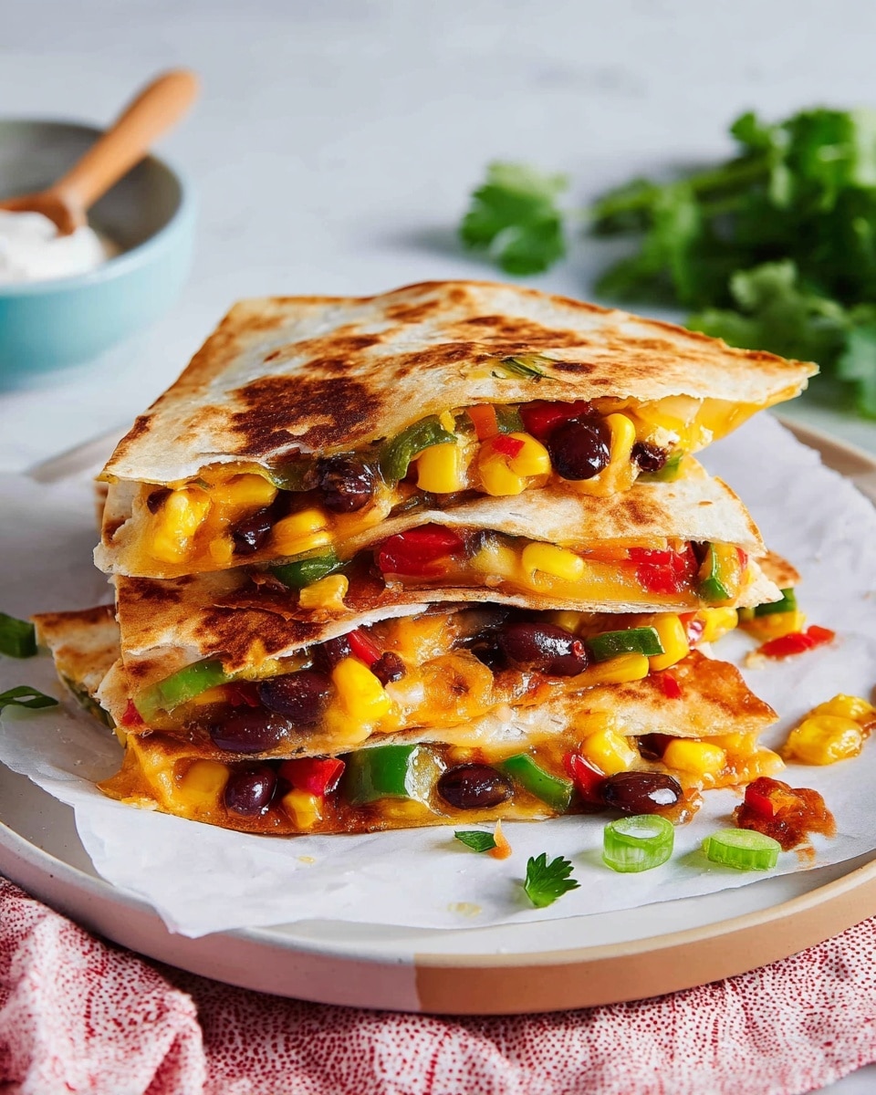 The image shows two folded quesadillas in a white pan with an orange handle, placed on a white marbled surface. The quesadillas have a golden-brown toasted texture, with one slightly darker than the other. Inside the quesadillas are visible layers of melted yellow and white cheese mixed with black beans, corn, red bell peppers, sliced green jalapeños, and green onions, with some ingredients spilling out onto the pan. Around the pan on the marbled surface are scattered pieces of corn, jalapeños, and diced red bell peppers. In the corner, there is a glimpse of a blue plate holding shredded yellow and white cheese next to a stack of white tortillas. A striped yellow and white cloth is draped near the pan, adding a cozy kitchen feel to the scene. Photo taken with an iphone --ar 4:5 --v 7