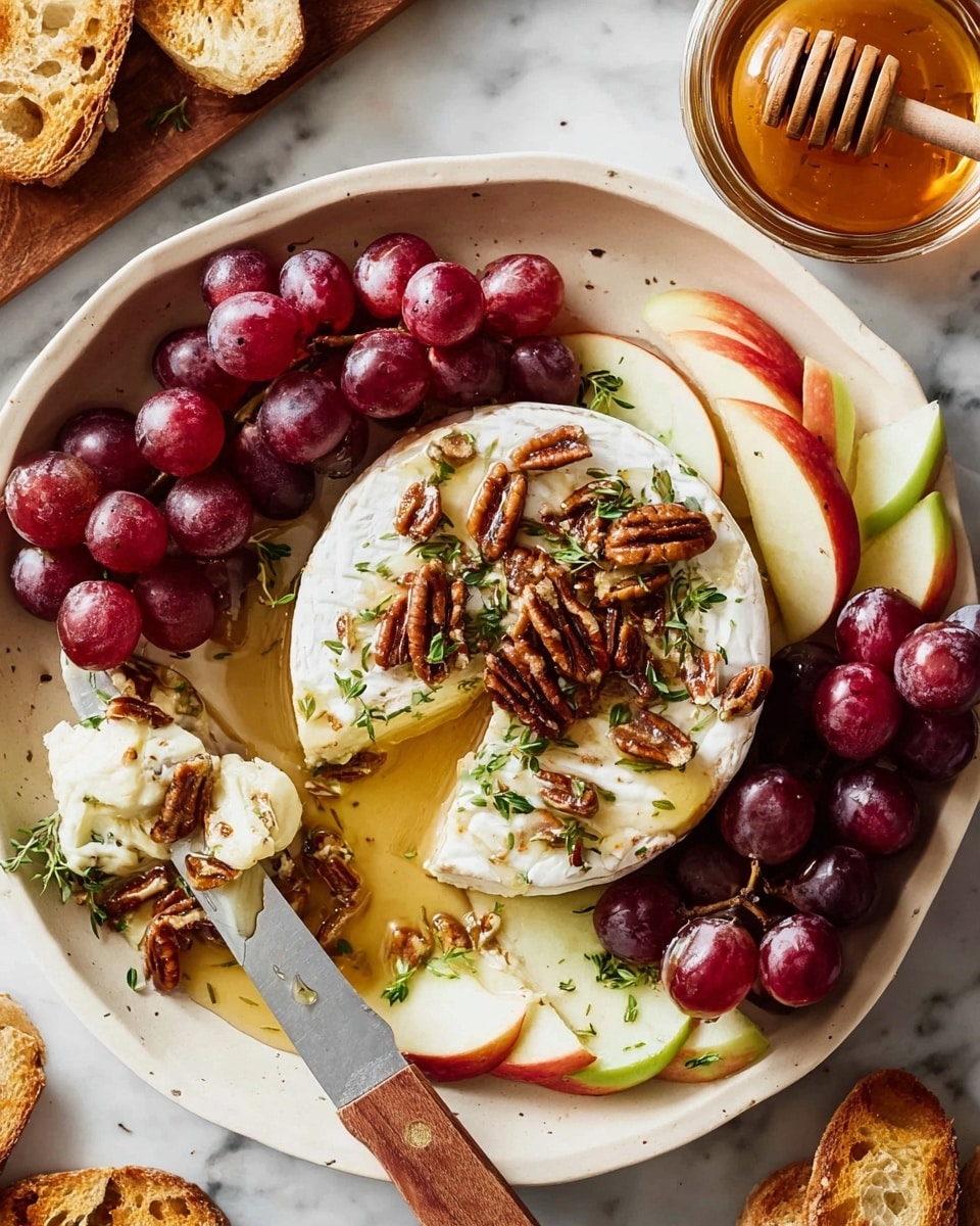 A round white cheese wheel sits on a white plate, topped with honey drizzled over it, chopped pecans scattered on top, and small green herb leaves. The cheese is soft and creamy, slightly melting where a piece is lifted by a wooden-handled cheese knife positioned on the left side of the plate. Around the cheese wheel, there are thin slices of red and green apples fanned out, and a piece of toasted bread is partially visible. The whole setup is placed on a white marbled surface with a glass jar and part of another white bowl nearby. photo taken with an iphone --ar 4:5 --v 7