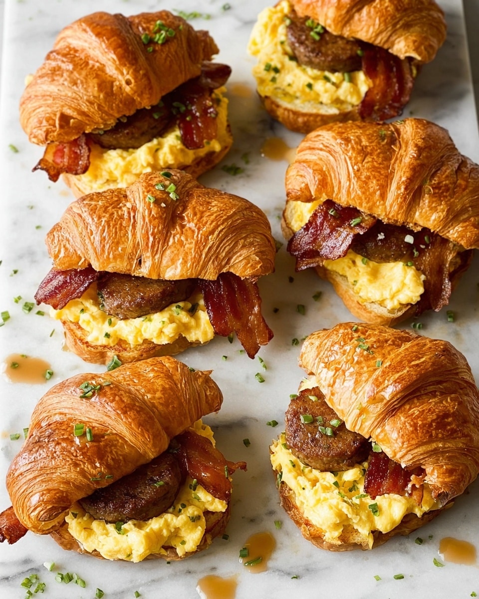 A sandwich with four layers is shown close up on a white marbled surface. The bottom layer is a flaky, golden-brown croissant with a slightly shiny texture. Above it, a thick layer of fluffy yellow scrambled eggs is spread out, with small green chive pieces sprinkled on top. Next is a juicy, brown sausage patty with a slightly coarse texture. The top layer is a crispy strip of reddish-brown bacon resting on the sausage. The sandwich is finished with a golden, flaky croissant top that has butter melting into it. photo taken with an iphone --ar 4:5 --v 7
