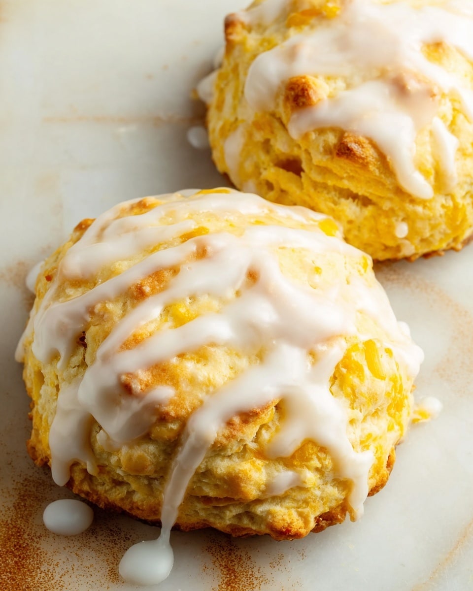 The image shows two scones on a white marbled surface, each one light golden yellow with slightly browned patches. They have a rough, crumbly texture and are topped with thick white icing drizzled unevenly over the surface, some icing pooling slightly around the base. The scones are round and sit close together but not touching, with soft shadows adding depth. photo taken with an iphone --ar 4:5 --v 7