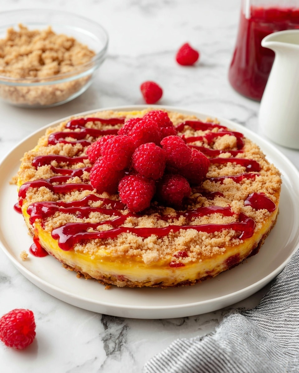 A round yellow cooked base with a slightly browned edge sits centered on a white plate on a white marbled surface. The base is topped with a thick layer of light brown crumbly streusel evenly spread across the surface. Bright red raspberry sauce is drizzled in wide stripes over the streusel. Fresh whole raspberries are heaped in the center, adding a fresh, textured contrast. In the background, a clear bowl filled with more crumbly streusel and scattered fresh raspberries add color and context. A white pitcher with red sauce is partially visible on the right, and a grey striped cloth napkin lies beneath the plate. Photo taken with an iphone --ar 4:5 --v 7