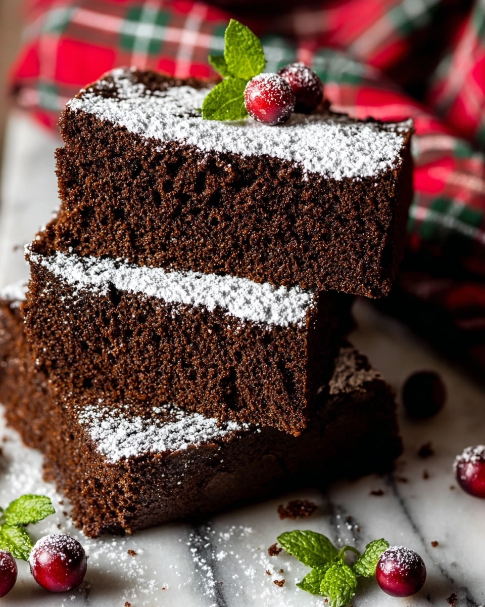 A rectangular dark brown cake with a rough texture, covered with a thick layer of white powdered sugar, sits on a white marbled surface. The cake is garnished on top with two bright red cranberries and two fresh green mint leaves. Around the cake, scattered red cranberries and green mint leaves add color contrast. In the background, there is a white round tag with