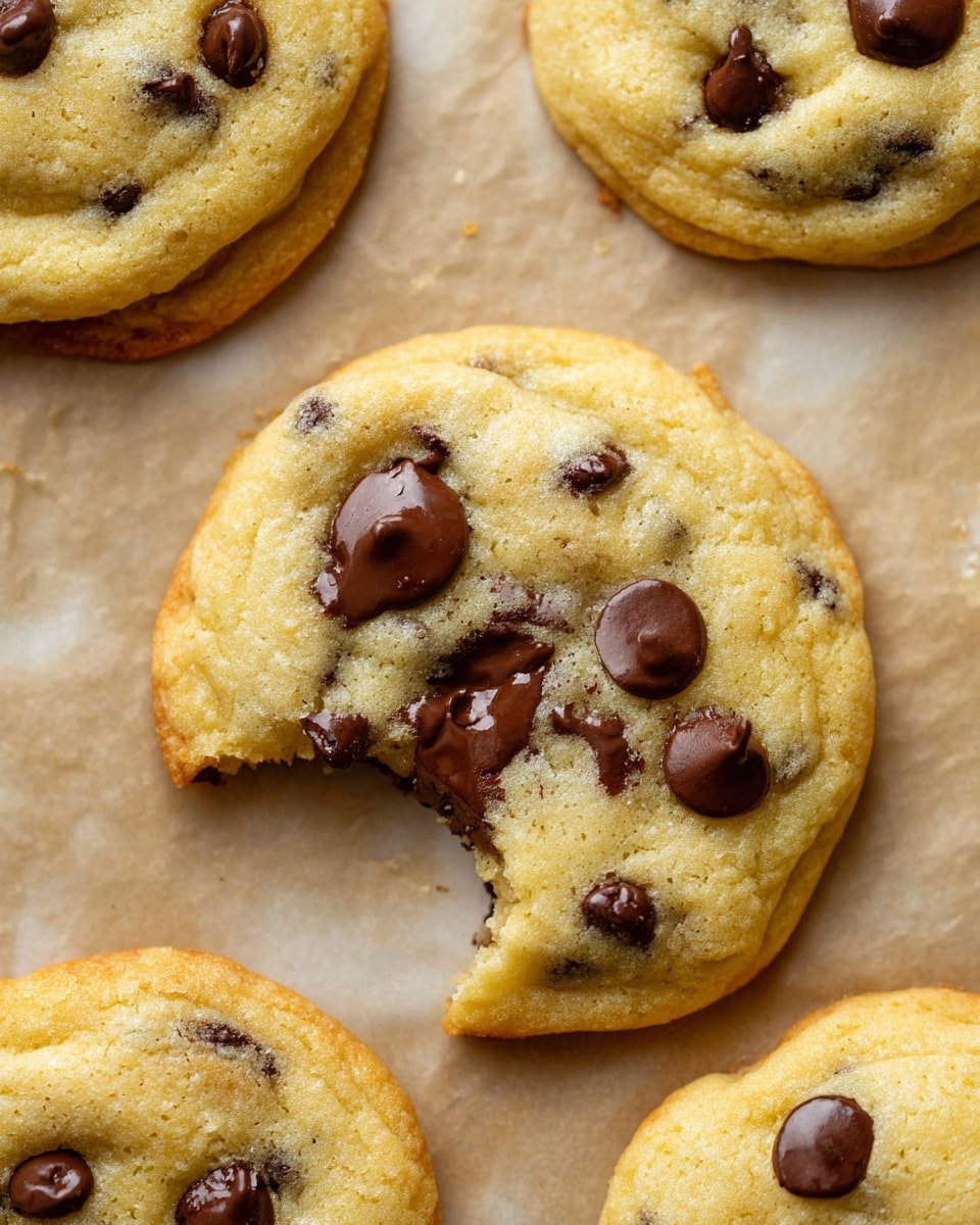 The image shows a close-up of five chocolate chip cookies on a light brown parchment paper. The center cookie has a large bite taken out of it, showing a soft inside with melted chocolate chips. Each cookie is golden yellow with a soft, slightly bumpy texture and scattered with semi-melted dark brown chocolate chips on the surface. The cookies are round and look freshly baked with slightly rough edges. The background features a white marbled texture. photo taken with an iphone --ar 4:5 --v 7