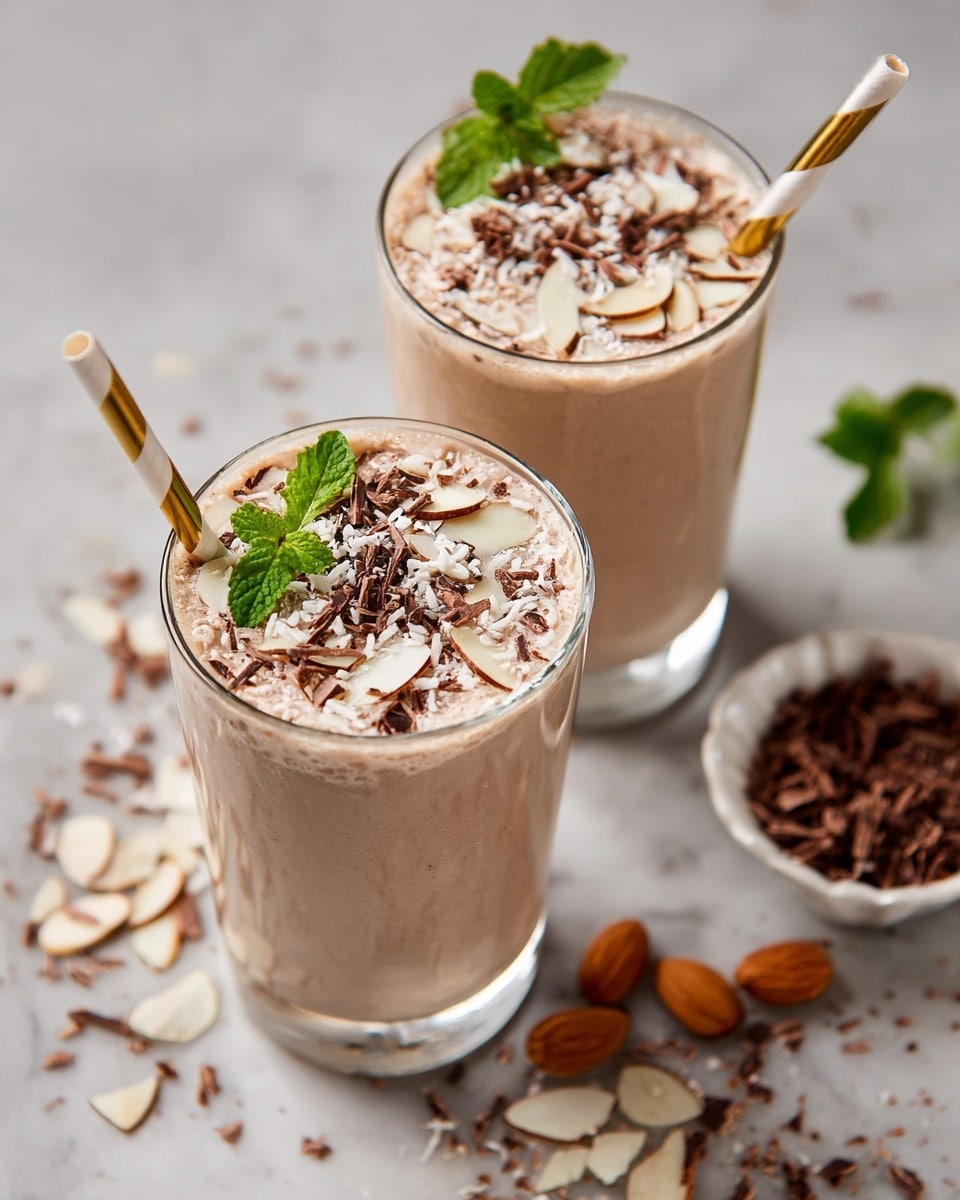 Two clear glasses filled with a light brown creamy drink topped with white coconut flakes, thin light beige almond slices, small dark chocolate shavings, and a small green leaf sitting right in the center. In the background, two small white bowls hold shredded coconut and chocolate shavings. The drinks are on a white marbled surface with scattered coconut flakes and chocolate bits. Two striped paper straws in white and mustard yellow are placed on a dark gray cloth near the bottom right corner. Photo taken with an iphone --ar 4:5 --v 7