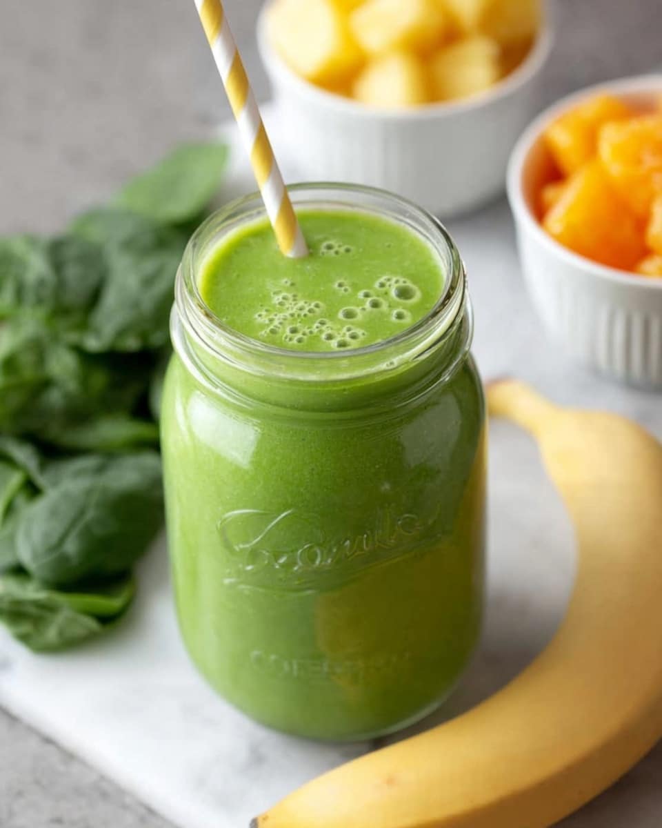 A clear glass jar with a handle is filled with a thick green smoothie that has a smooth, slightly bumpy texture. A yellow-and-white striped straw stands straight up in the smoothie. Around the jar, there is a fresh banana lying flat, a small white bowl of cubed pineapple that is bright yellow, and another small white bowl with several orange slices. In the background, some fresh green spinach leaves are loosely spread out. All of this is set on a white marbled surface. photo taken with an iphone --ar 4:5 --v 7