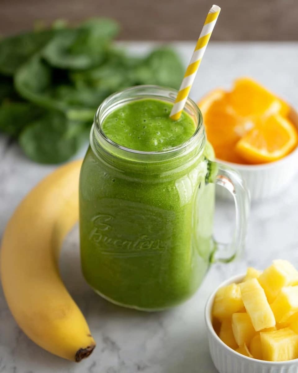 A clear glass mason jar filled with a thick green smoothie, showing bubbles and smooth texture, topped with a yellow and white striped straw in the center; behind the jar, fresh spinach leaves are visible on the left side, while two small white bowls with diced yellow pineapple and orange slices sit on a white marbled surface; a whole yellow banana lies at the bottom foreground, slightly tilted. photo taken with an iphone --ar 4:5 --v 7