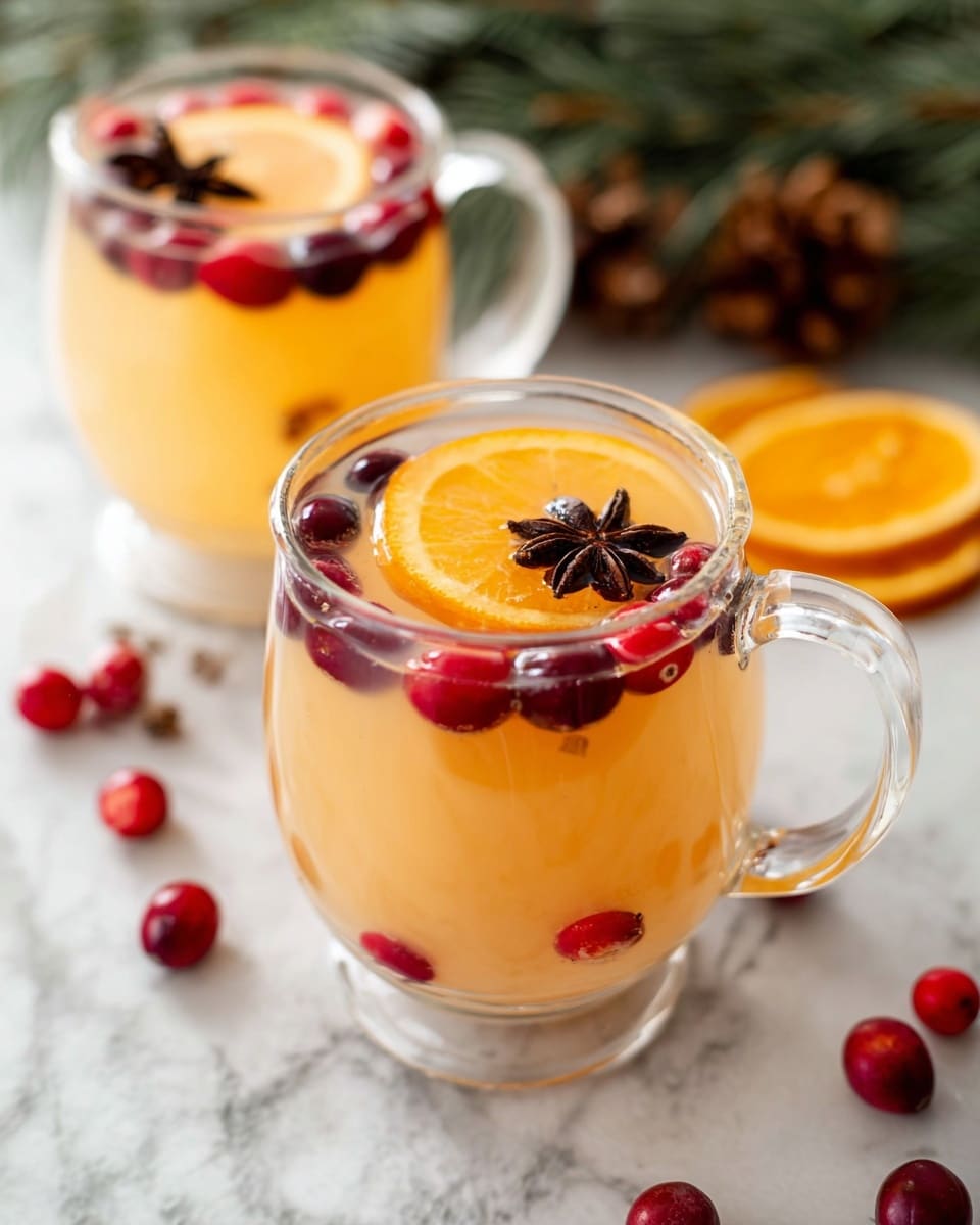 A clear glass cup filled with bright orange liquid, showing a large orange slice resting inside near the top layer, topped with three shiny red cranberries and a single dark brown star anise, all floating on the surface. Surrounding the cup are slices of dried orange, scattered whole red cranberries, cinnamon sticks, and star anise on a white marbled surface. Two other glass jars filled with the same bright orange liquid also contain orange slices and cinnamon sticks visible inside. The image is bright and colorful with a festive feel photo taken with an iphone --ar 4:5 --v 7