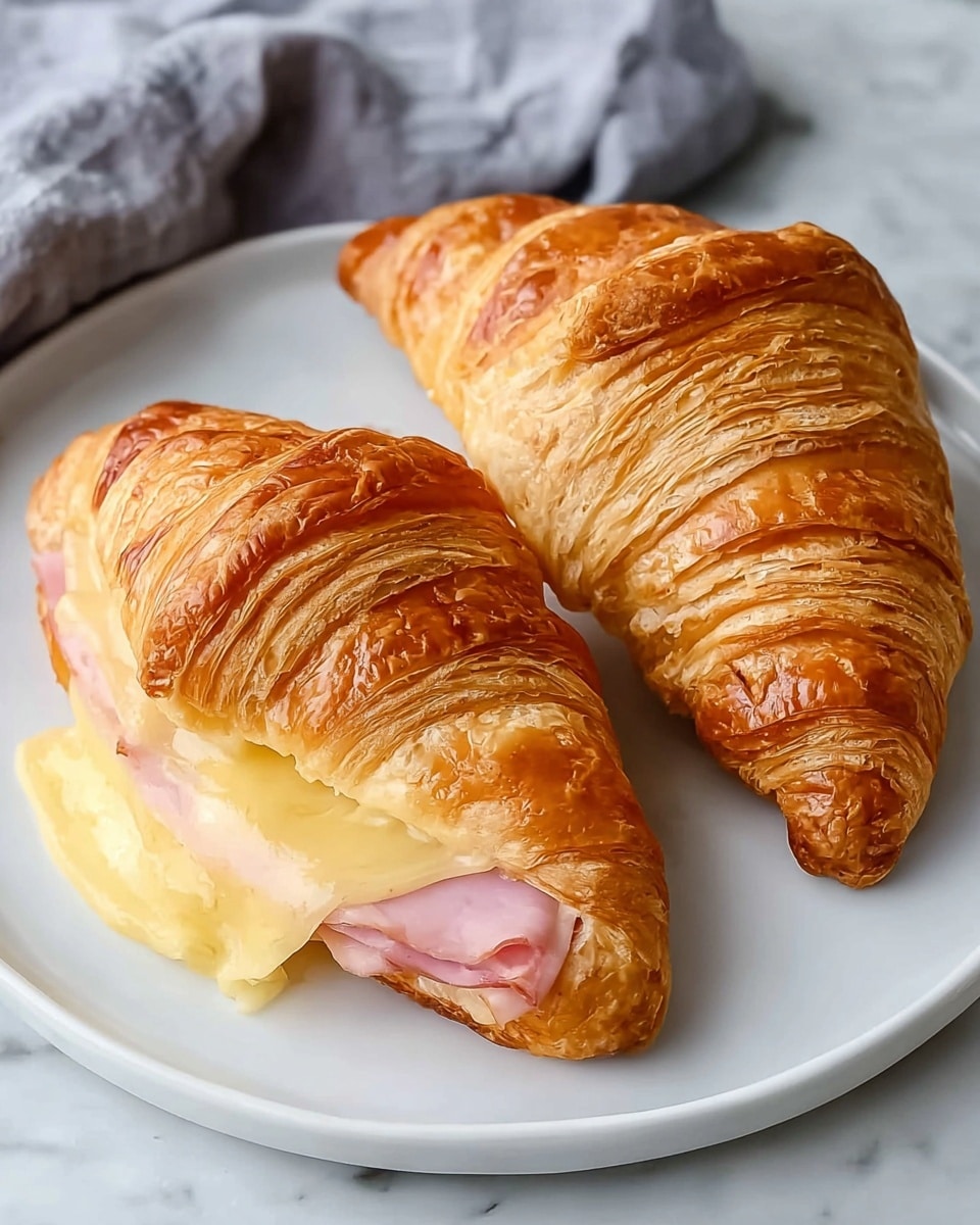 A white plate on a white marbled surface holds four croissants with a shiny, golden brown, flaky crust. Three croissants are whole, showing their layered texture and curved shape. The fourth croissant is open in the front, exposing a layer of pale pink ham beneath a thick, melting layer of creamy, light yellow cheese. The cheese looks soft and smooth, slightly spilling out from inside. The overall scene shows warm tones of golden croissants contrasted by soft pink and creamy yellow inside. photo taken with an iphone --ar 4:5 --v 7